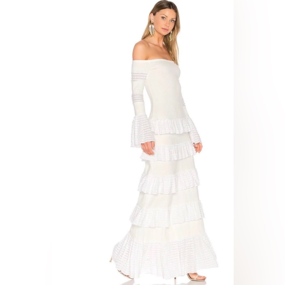 ALEXIS Skylar floor length knit dress/ off the shoulder with ruffles- Size XS